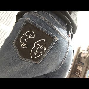 Hand painted abstract face one pocket jeans